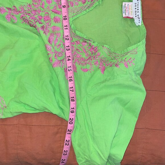 Gretchen Scott Green Cotton Tunic Top Embroidered V-Neck 3/4 Sleeves L boho - Picture 8 of 10